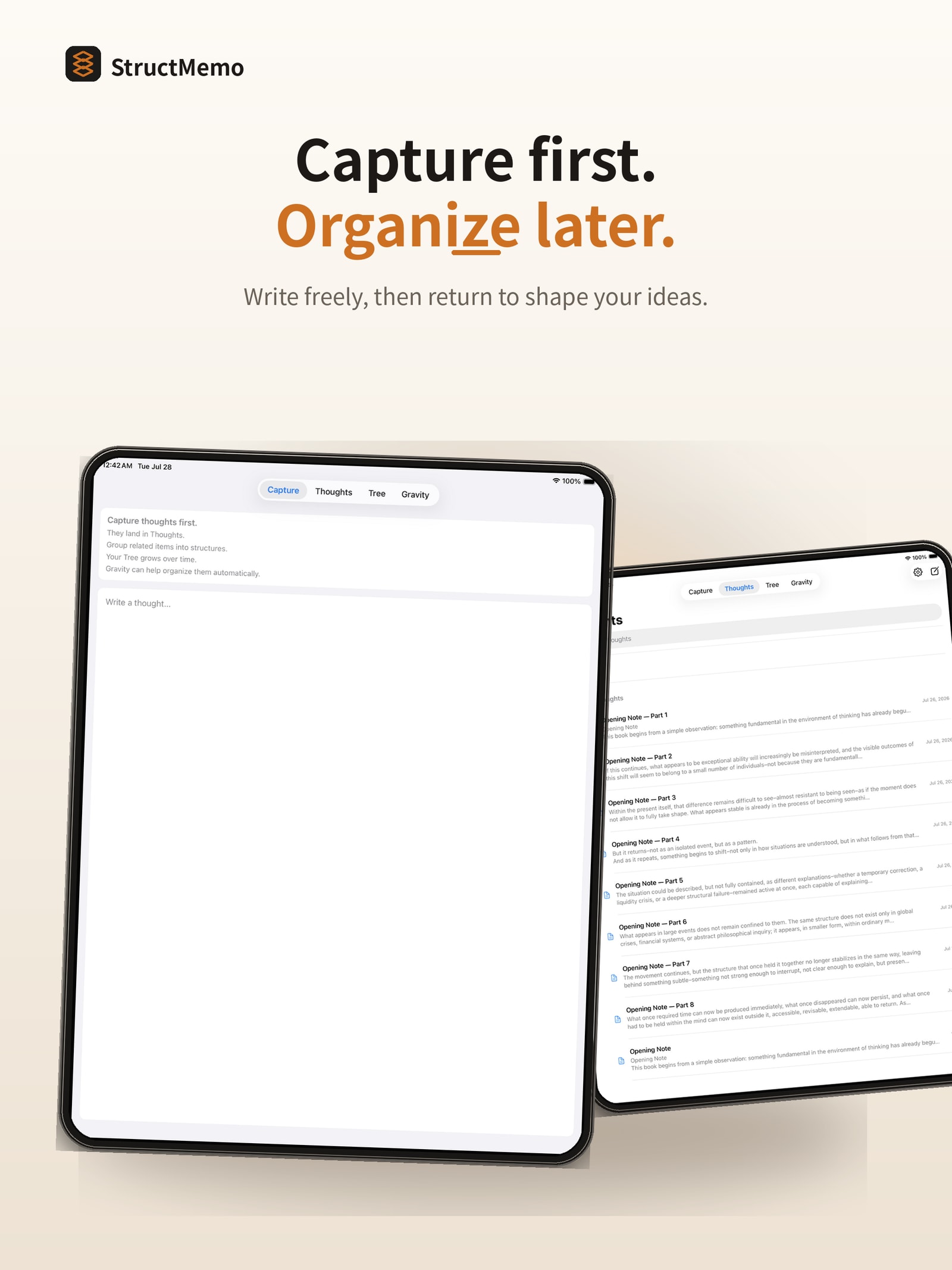 StructMemo shown across iPad screens for capturing before organizing