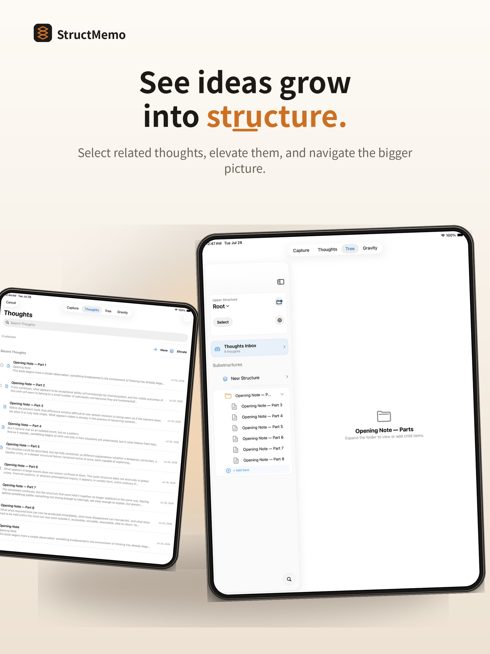 StructMemo Tree displayed across iPad screens with nested structure
