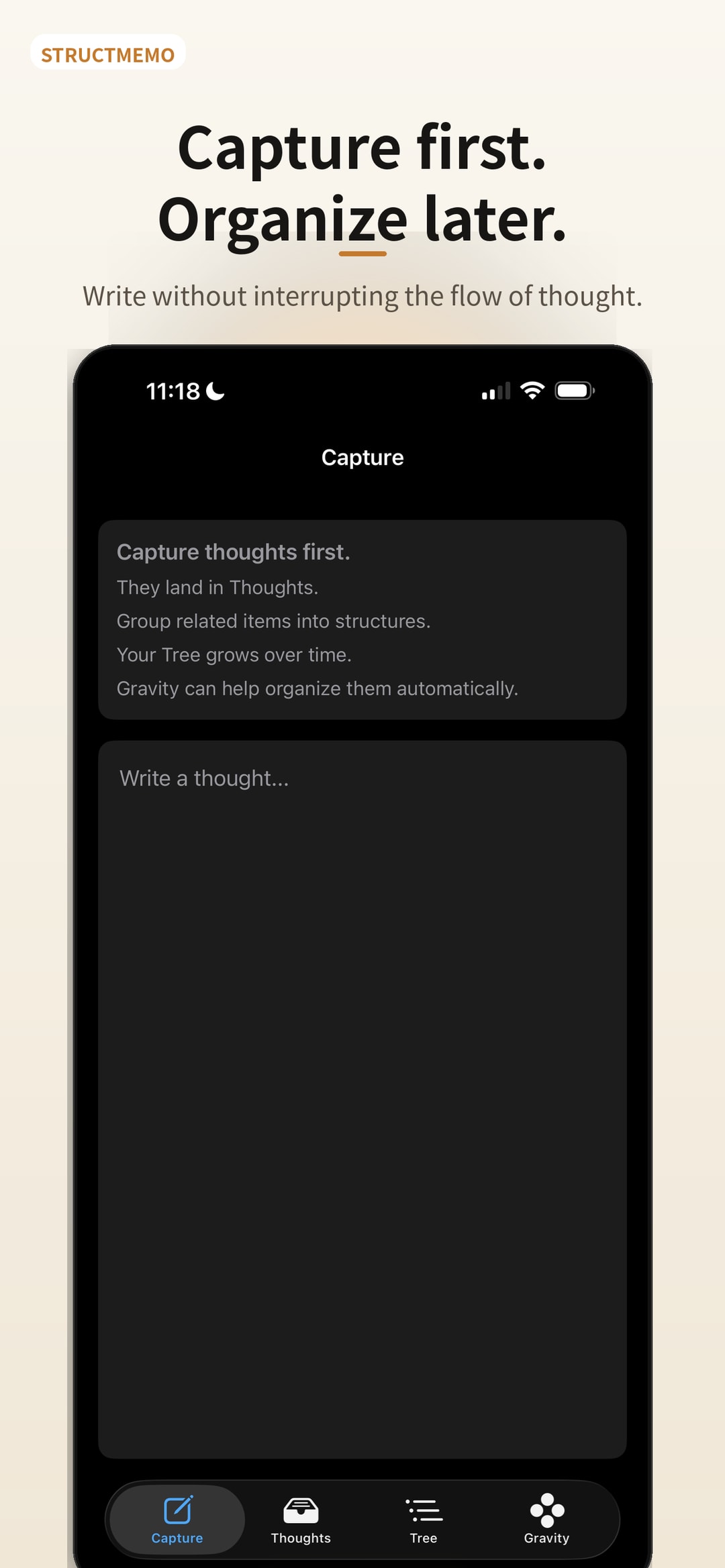 StructMemo Capture screen ready for a new Thought