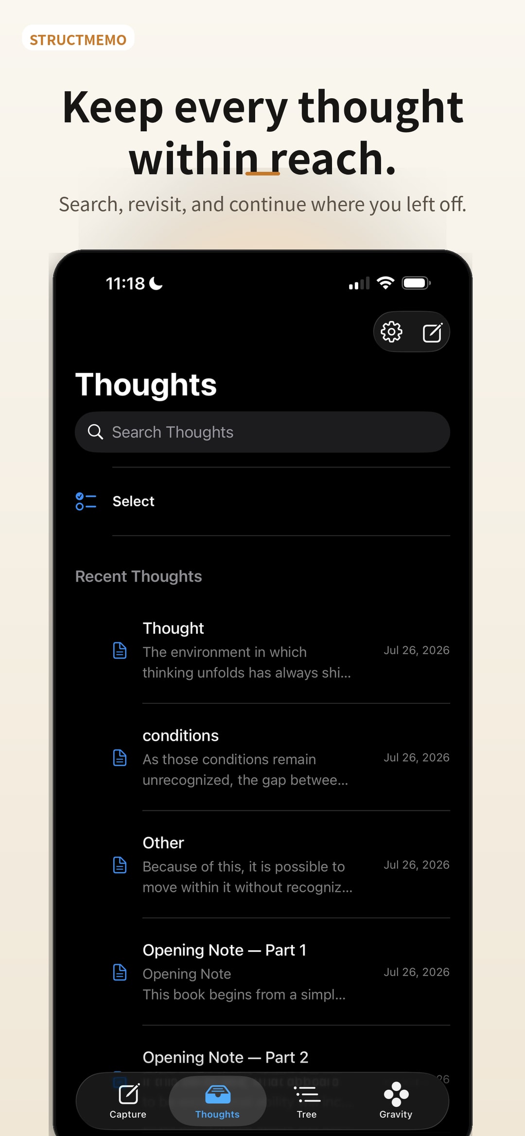 StructMemo Thoughts list with search and recent Thoughts